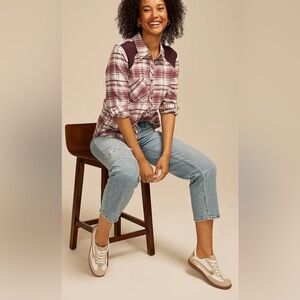 NWT Maurices Women's Plaid Lace Shoulder Button Down Shirt Jasper Brown XL